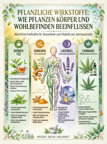 Infografik: Pflanzliche Wirkstoffe in Grünem Tee, Kurkuma, Lavendel und Cannabis und ihre Wirkung auf Körper und Wohlbefinden
