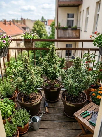 Autoflowering-Cannabispflanzen auf einem städtischen Balkon neben Kräutern und Tomatenpflanzen